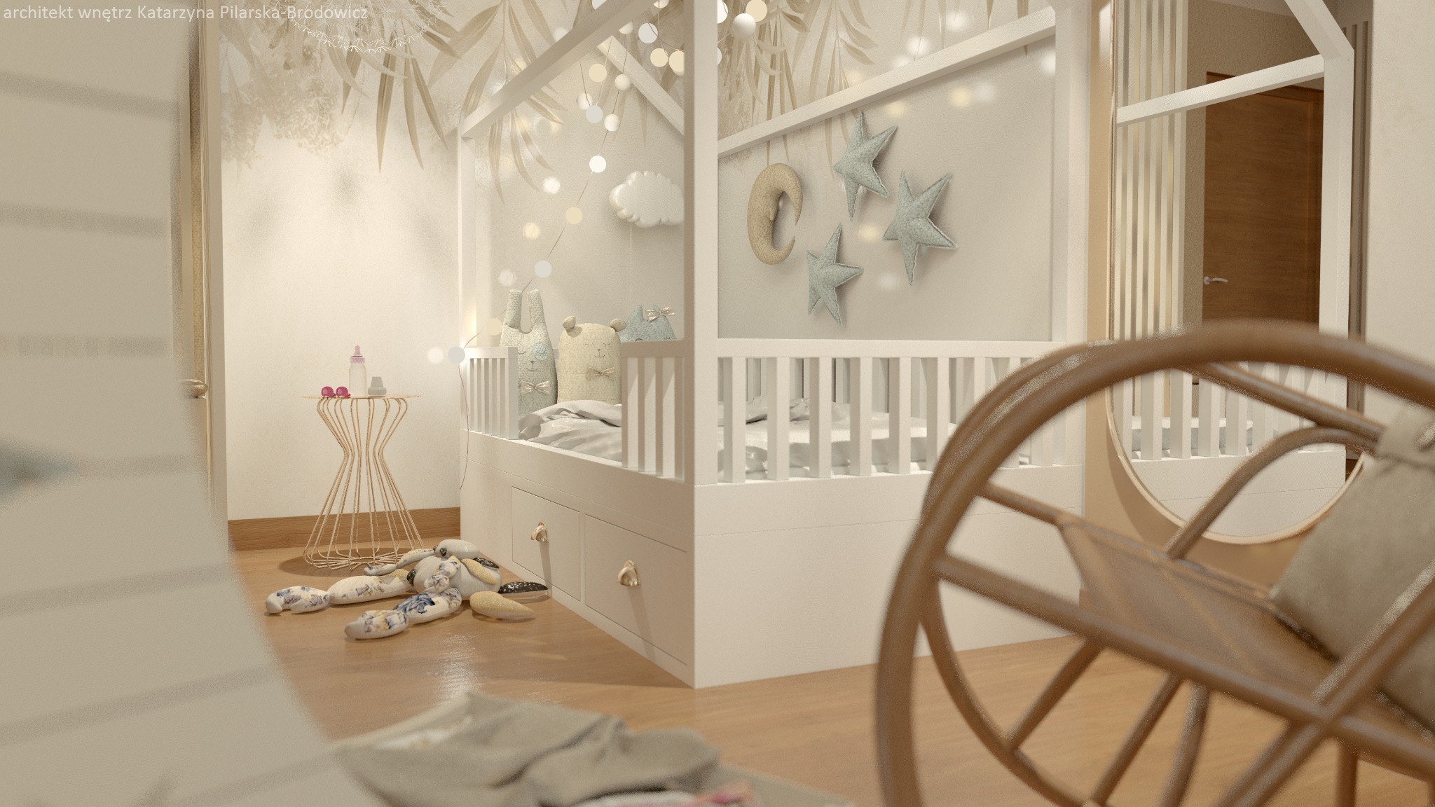 Wizualizacja pokoju dziecięcego z łóżkiem w kształcie domku, pluszowymi gwiazdkami na ścianie, lampkami i pluszową zabawką na podłodze, utrzymana w stonowanej, beżowej kolorystyce.