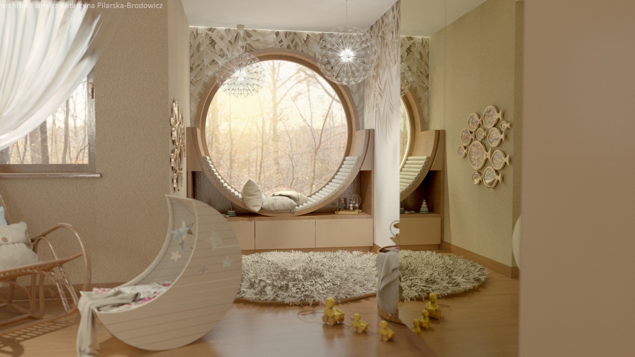 Pokój dziecięcy z okrągłym oknem z widokiem na las, łóżeczkiem w kształcie księżyca i dywanem z długim włosiem, oświetlony lampami w kształcie dmuchawców.