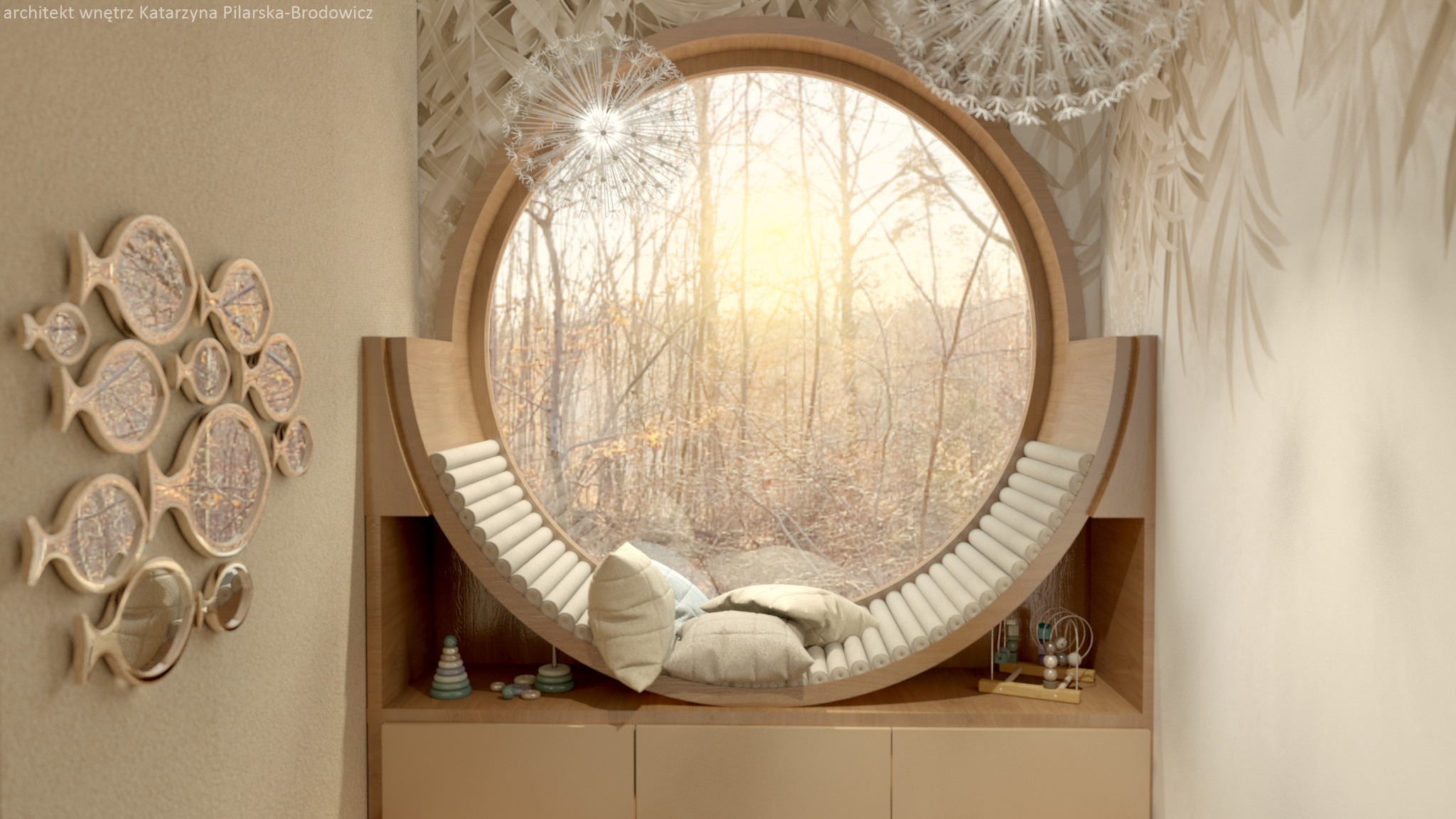 Pokój dziecięcy z okrągłym oknem z widokiem na zimowy las, pod oknem siedzisko z poduszkami, na ścianie dekoracja w kształcie ryb.