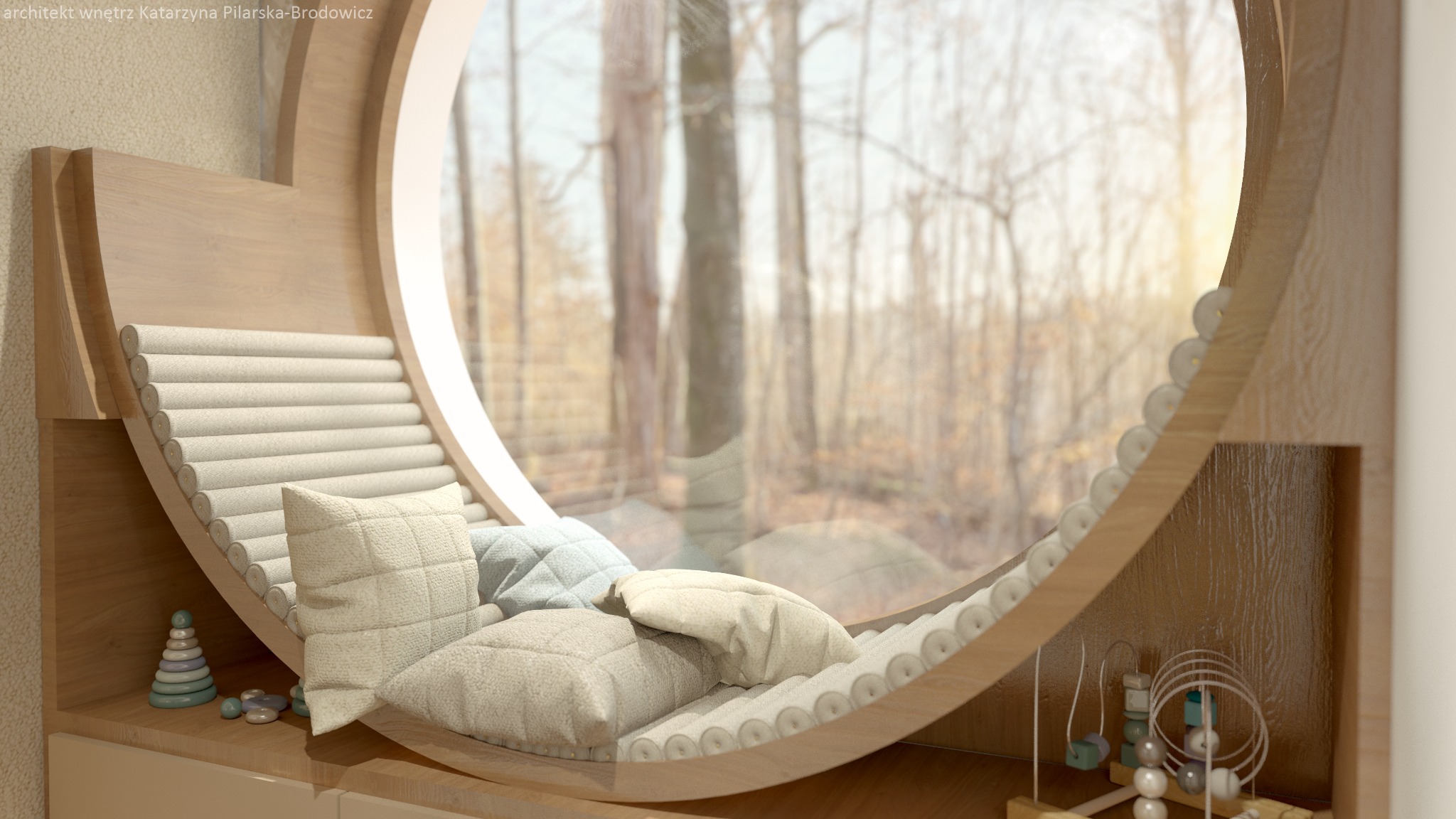 Kącik do czytania dla dziecka z okrągłym oknem z widokiem na jesienny las, drewniana konstrukcja z poduszkami, zabawki na półce.