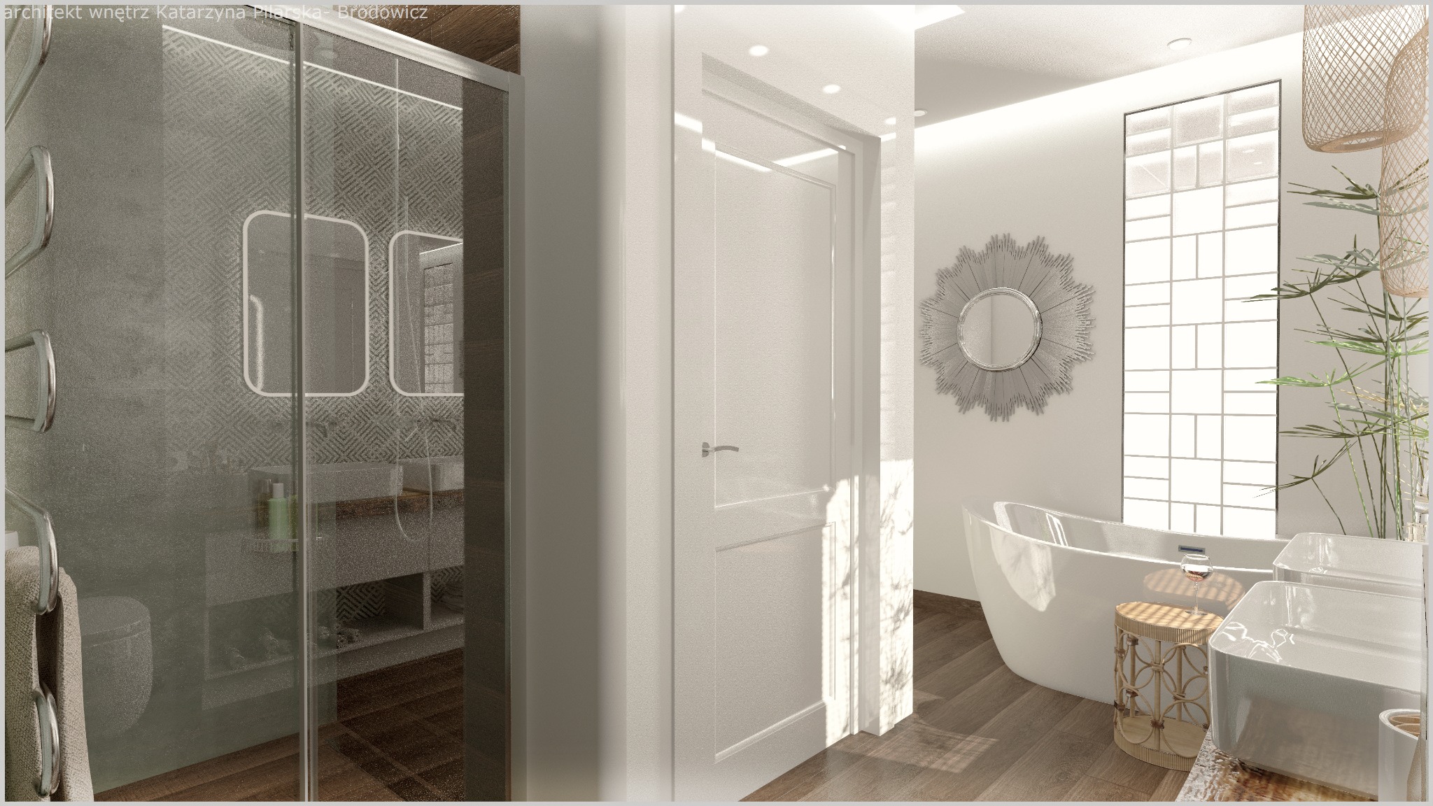 Elegancka łazienka z kabiną prysznicową ze wzorzystymi płytkami, wolnostojącą wanną, okrągłym lustrem w ozdobnej ramie, drewnianą podłogą i roślinami w tle.