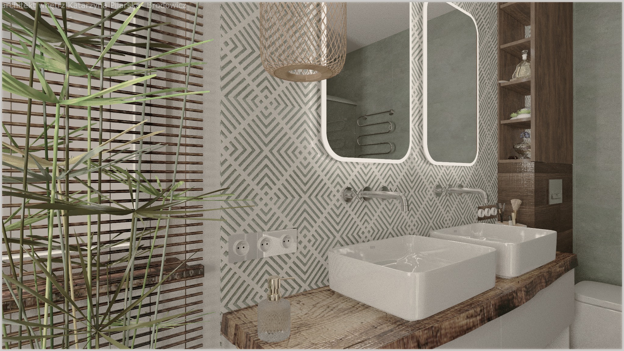 Nowoczesna łazienka z dwoma umywalkami nablatowymi na blacie z surowego drewna, geometryczna tapeta, okrągłe lustra i bambusowa roślina w tle.