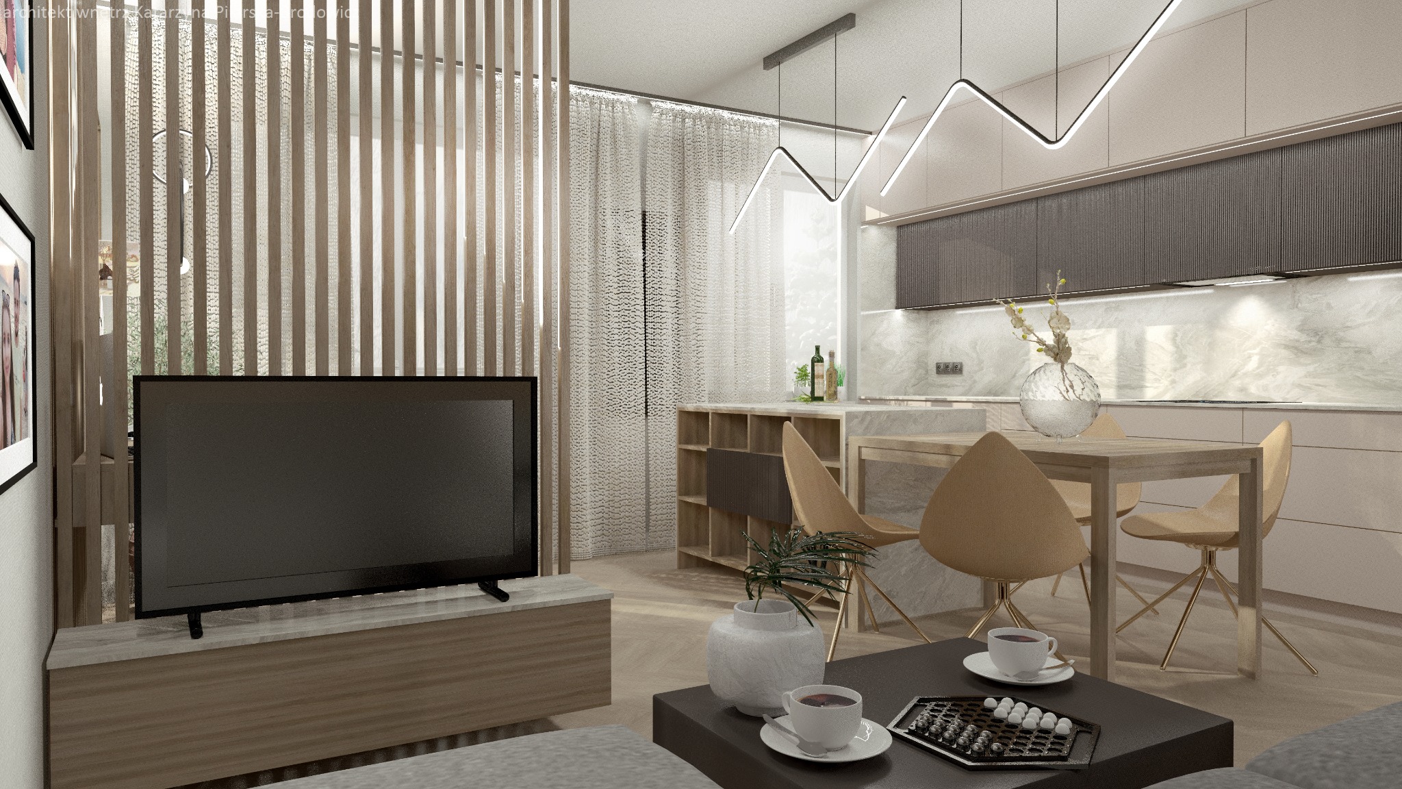 Wizualizacja salonu z otwartą kuchnią, drewniana ażurowa ścianka działowa, stół z krzesłami, nowoczesne oświetlenie, marmurowy backsplash w kuchni.