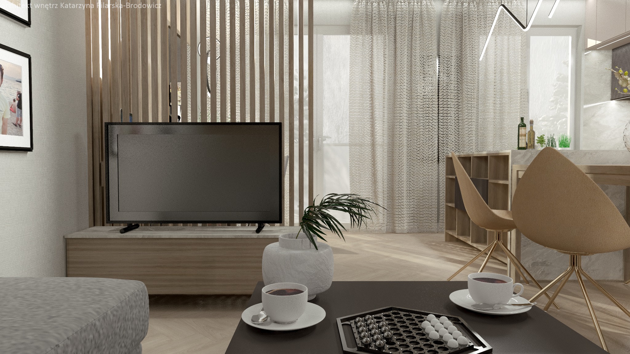 Wizualizacja salonu z telewizorem, stolikiem kawowym z szachami i filiżankami, drewnianymi lamelami na ścianie i ażurową zasłoną w tle.