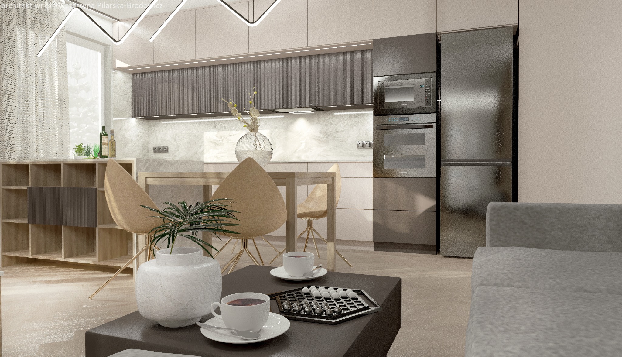 Wizualizacja wnętrza: kuchnia z jadalnią w neutralnej kolorystyce, beżowe krzesła przy drewnianym stole, zabudowa kuchenna w odcieniach szarości, nowoczesne oświetlenie i dekoracje.