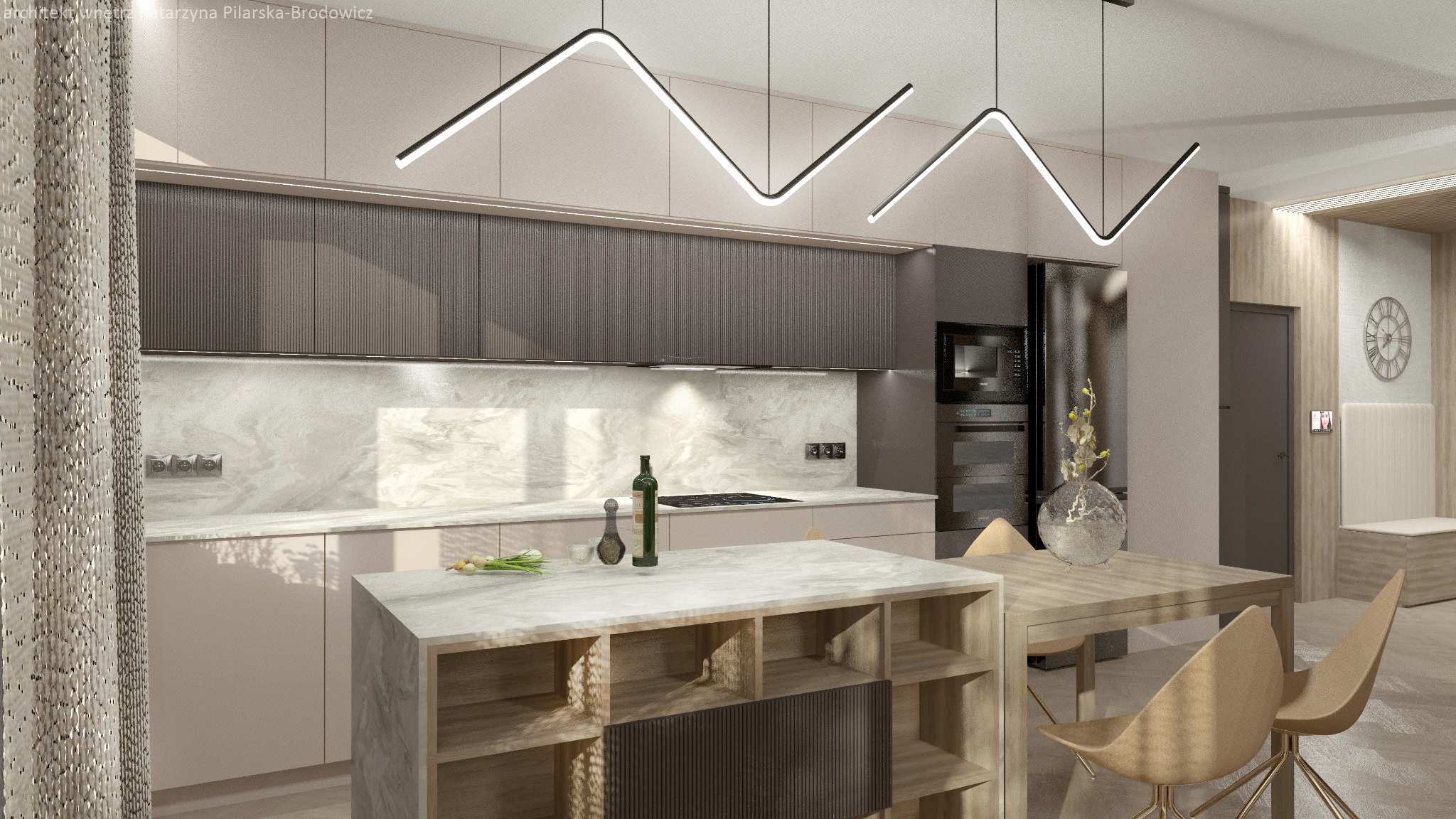 Wizualizacja nowoczesnej kuchni w beżach i szarościach z wyspą, oświetleniem LED w kształcie zygzaków i marmurowym blatem. Na wyspie butelka oliwy i warzywa, w tle zabudowa kuchenna z piekarnikiem...