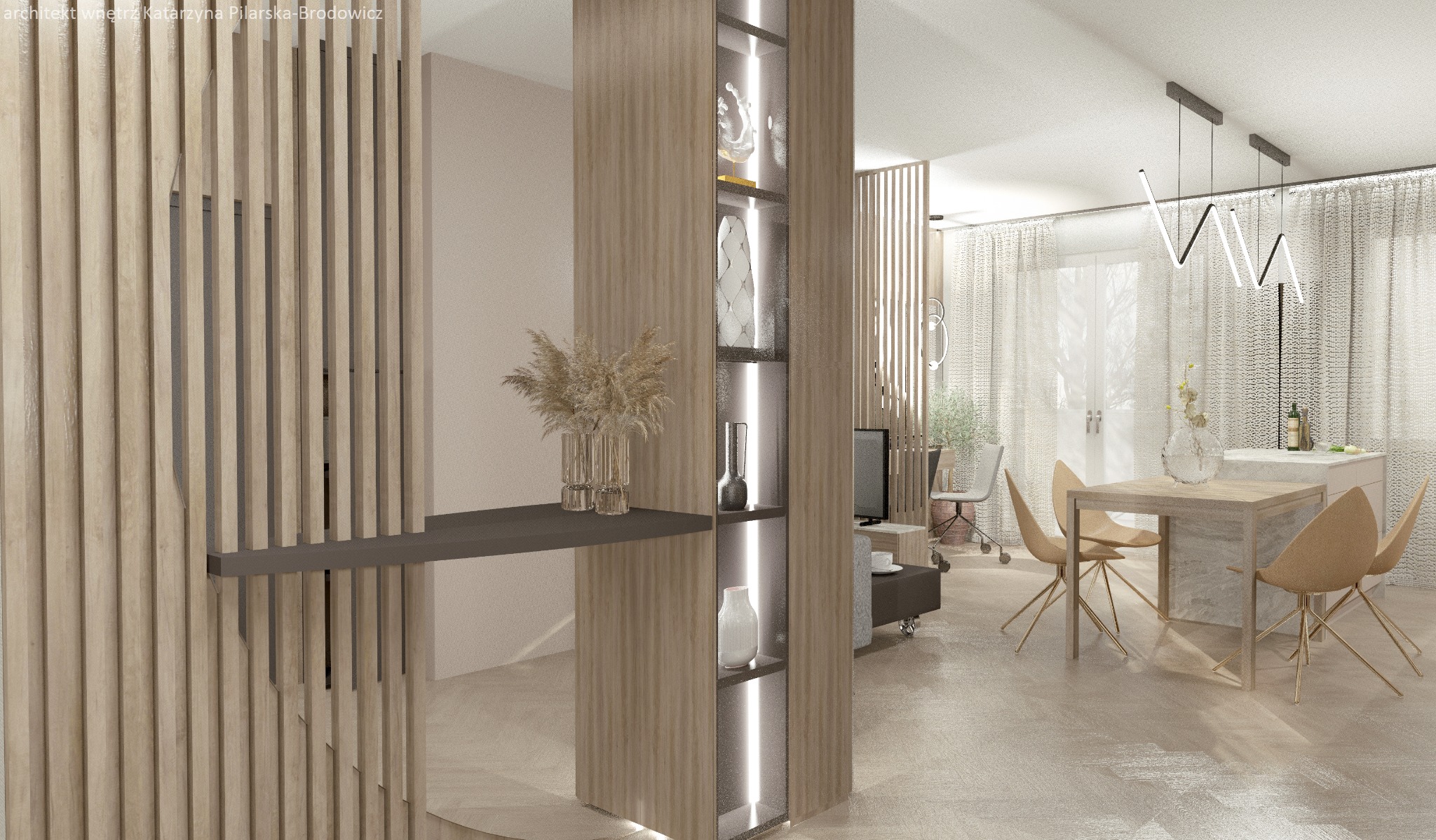 Wizualizacja wnętrza z drewnianą ścianką działową, regałem z podświetlanymi półkami, stołem jadalnym i dekoracjami, w neutralnej kolorystyce.