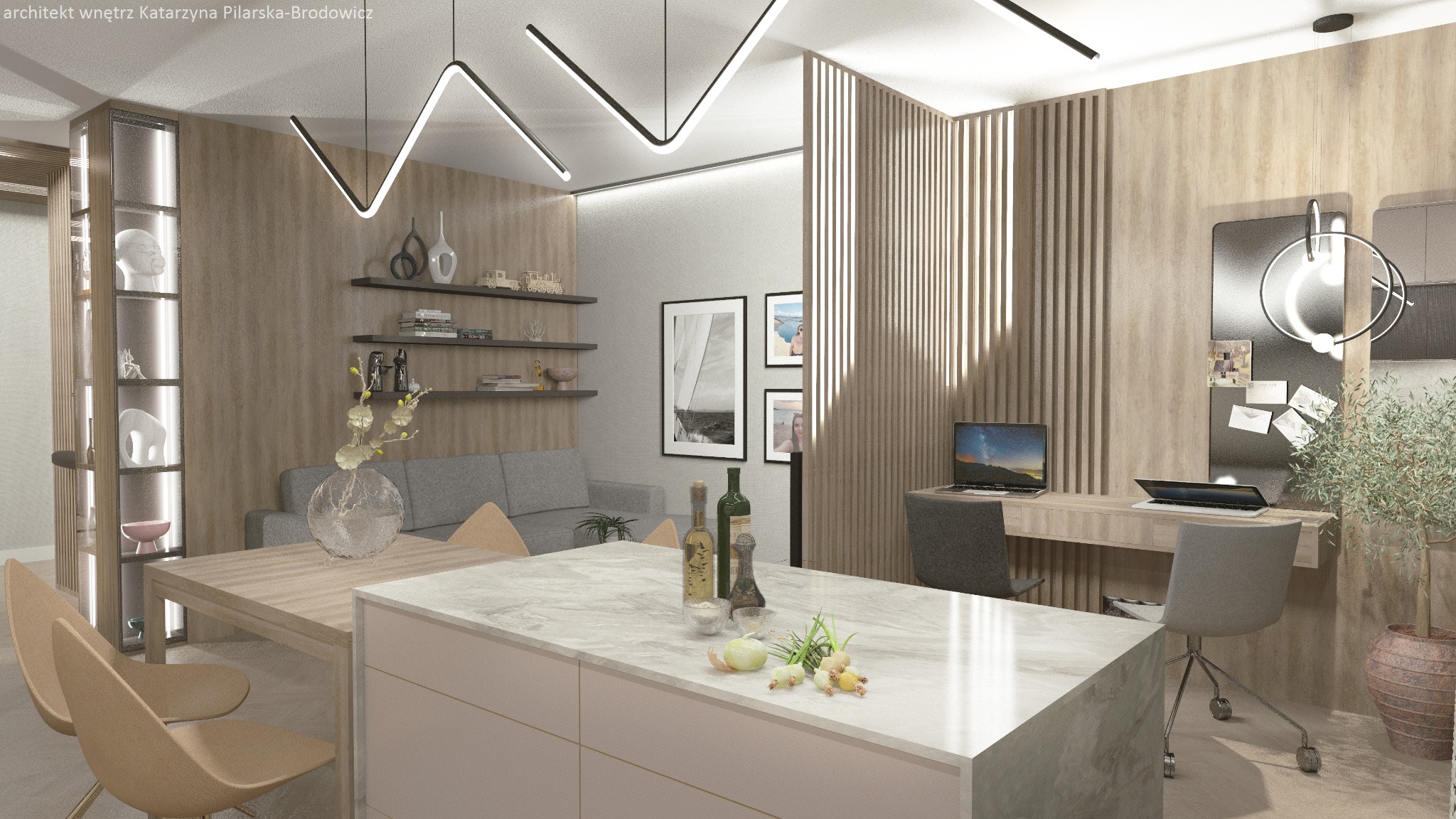 Wizualizacja przestronnego wnętrza z otwartą kuchnią, jadalnią i strefą pracy; drewniane panele dekoracyjne, marmurowy blat wyspy kuchennej z oliwą i ziołami, minimalistyczne oświetlenie.