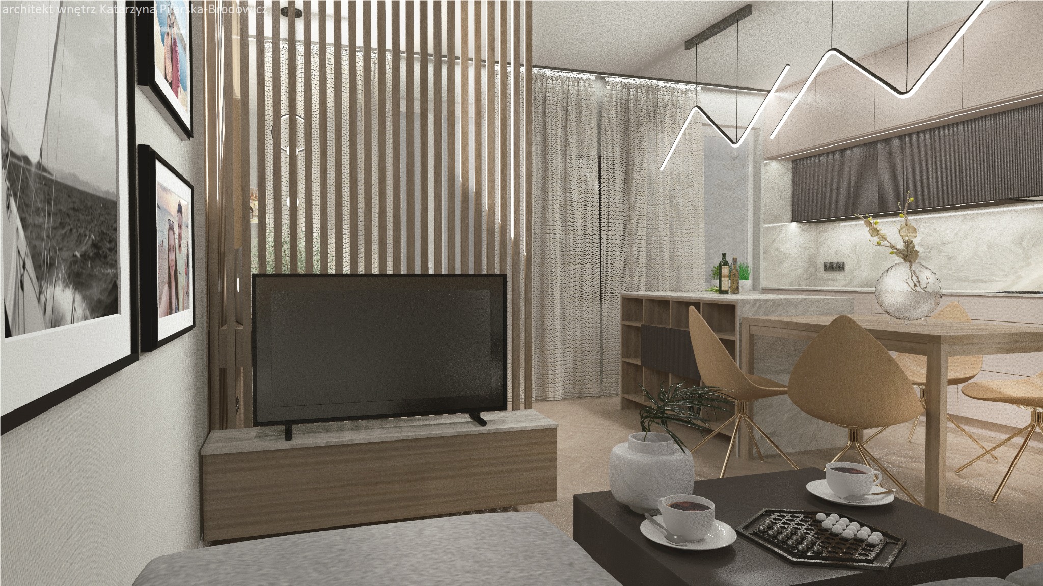 Wizualizacja salonu z aneksem kuchennym w neutralnych barwach; drewniane lamele oddzielają strefę telewizyjną, nad stołem designerska lampa, na ścianie grafiki.