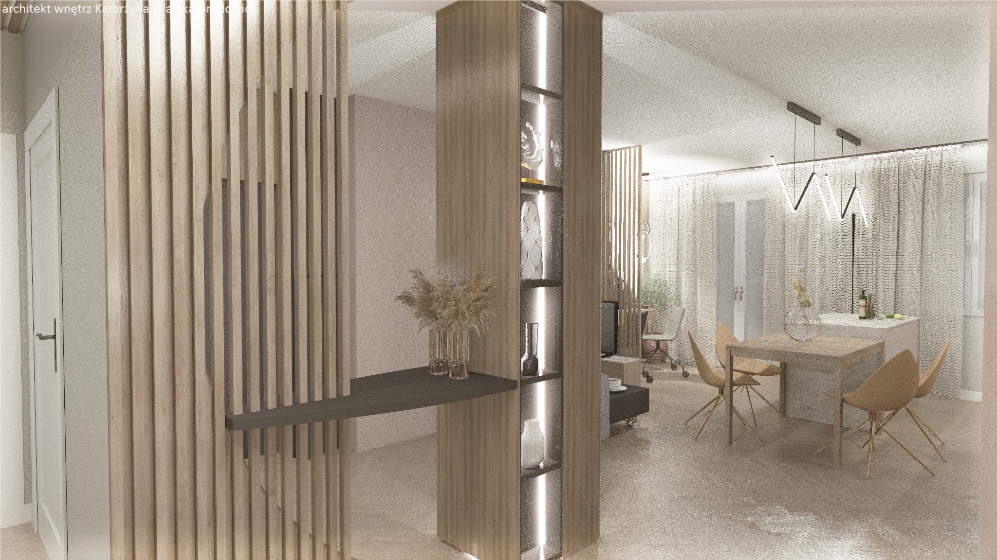 Wizualizacja przestronnego wnętrza w Lusowie z drewnianymi lamelami działowymi, podświetlaną witryną z dekoracjami, stołem jadalnianym z krzesłami i nowoczesnym oświetleniem.