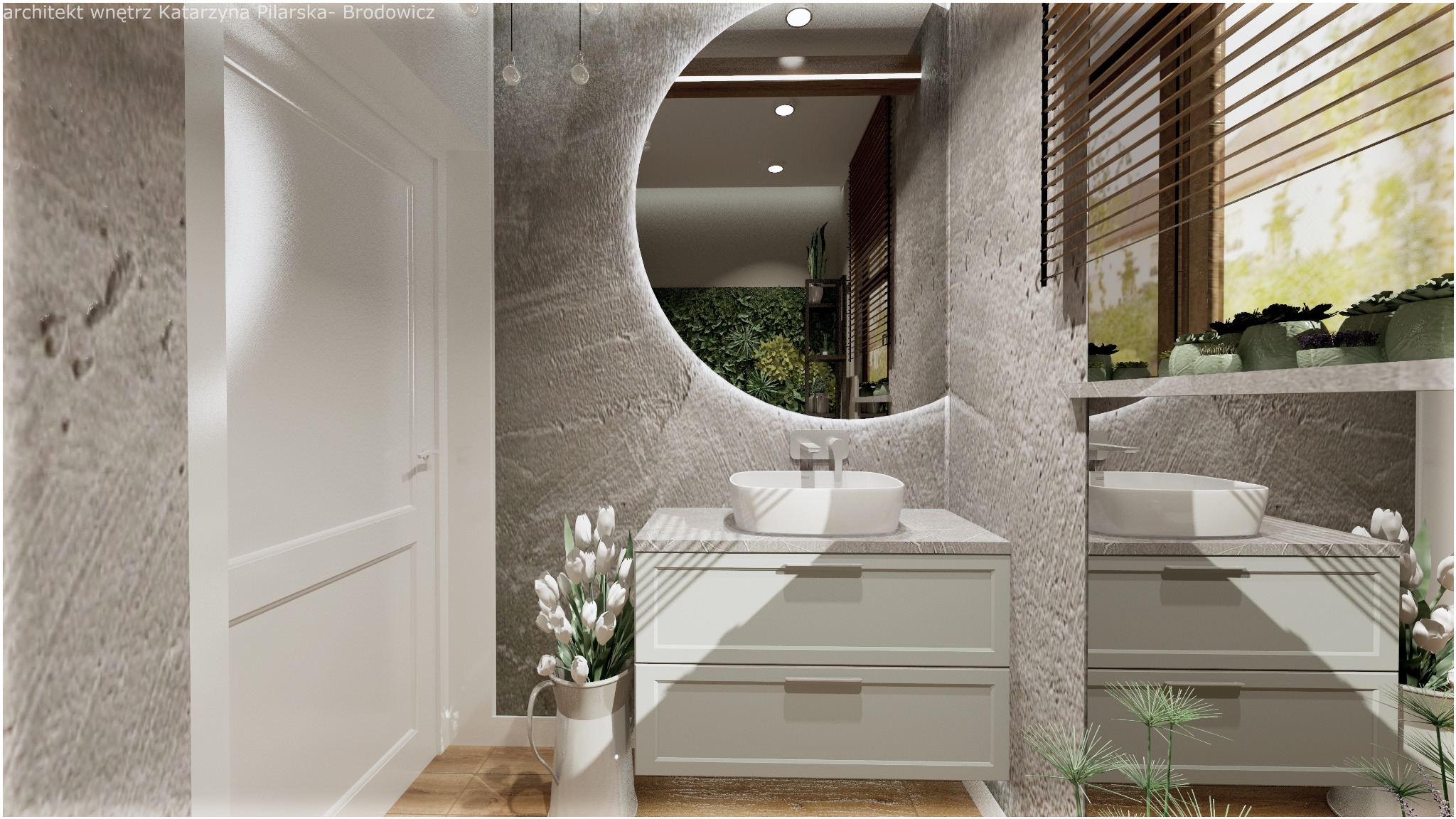 Wizualizacja łazienki z okrągłym lustrem podświetlanym LED, białą umywalką nablatową na szarej szafce z dwiema szufladami, ściany wykończone betonem architektonicznym, akcenty zieleni w postaci...
