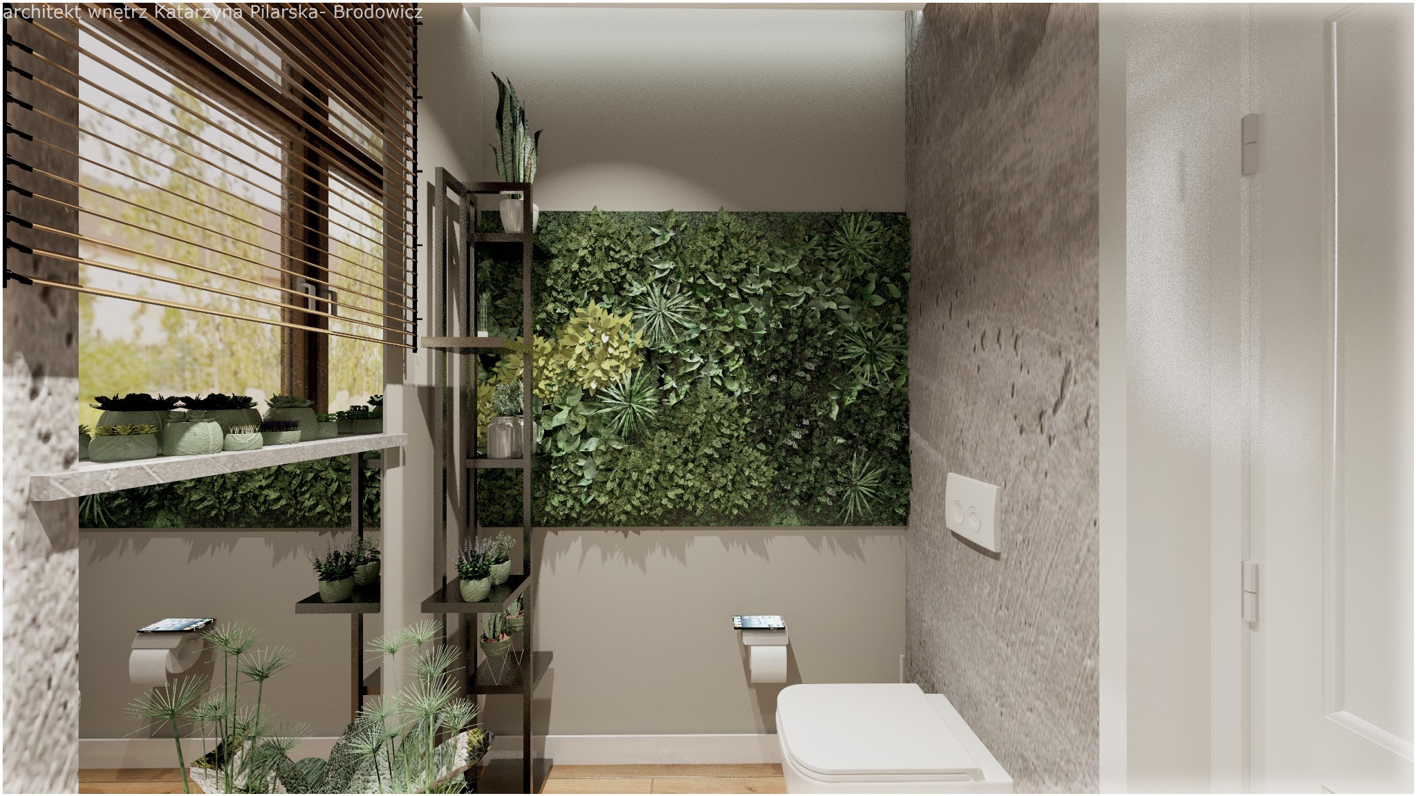 Nowoczesna łazienka z pionową ścianą roślin, drewnianymi żaluzjami i półkami z sukulentami, surowy beton na ścianie.