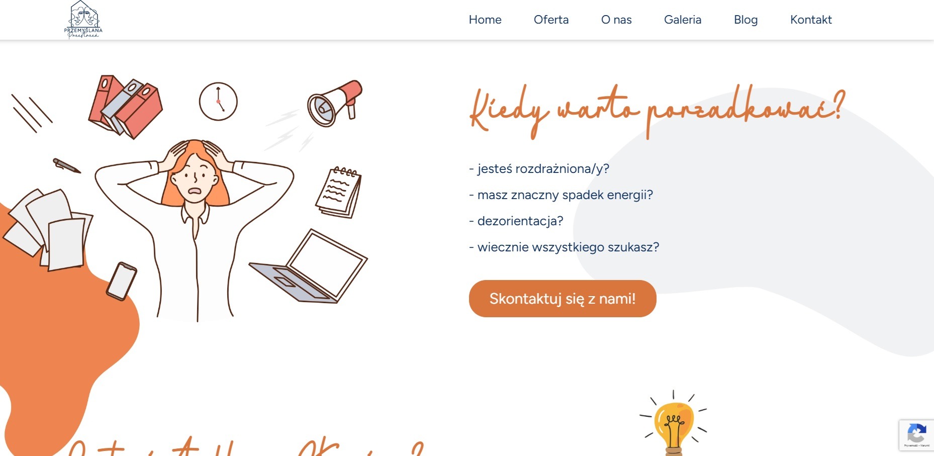 Strona internetowa z ilustracją kobiety w stresie z powodu bałaganu, pytania o potrzebę porządkowania i przycisk 'Skontaktuj się z nami!'
