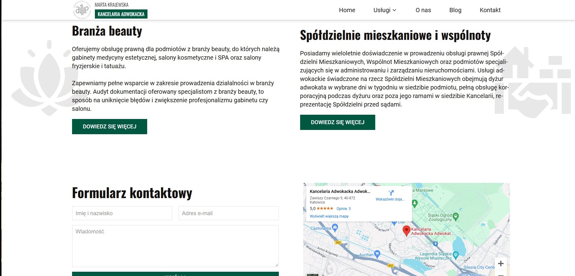 Fragment strony internetowej kancelarii adwokackiej Marta Krajewska, z sekcjami dotyczącymi obsługi prawnej branży beauty i spółdzielni mieszkaniowych, formularzem kontaktowym i mapą dojazdu.