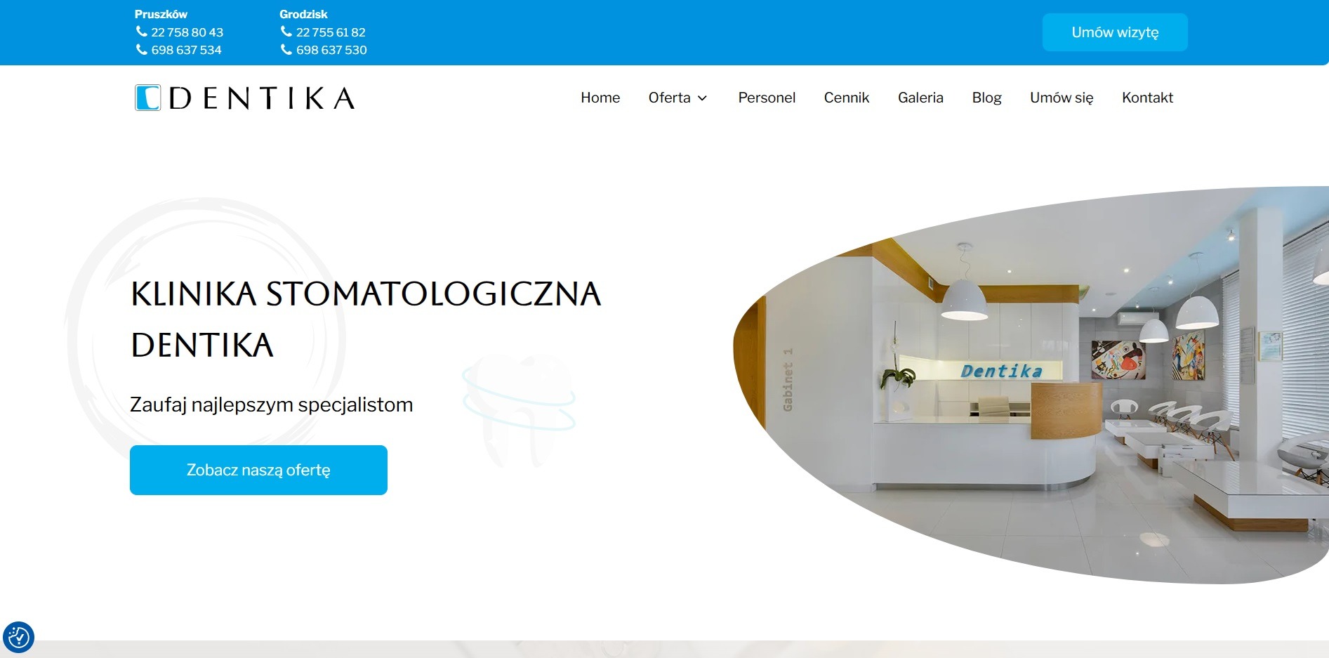 Strona internetowa kliniki stomatologicznej Dentika, prezentująca minimalistyczny design z jasną kolorystyką, logo w lewym górnym rogu i widok na recepcję kliniki po prawej stronie, z menu...