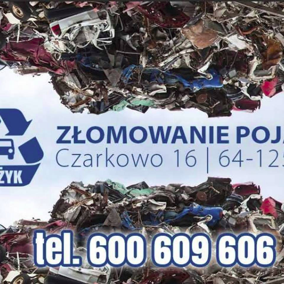 Ogłoszenie firmy: stos zgniecionych, zardzewiałych wraków aut, nadrukowane logo z adresem i numerem telefonu na jasnoniebieskim tle.