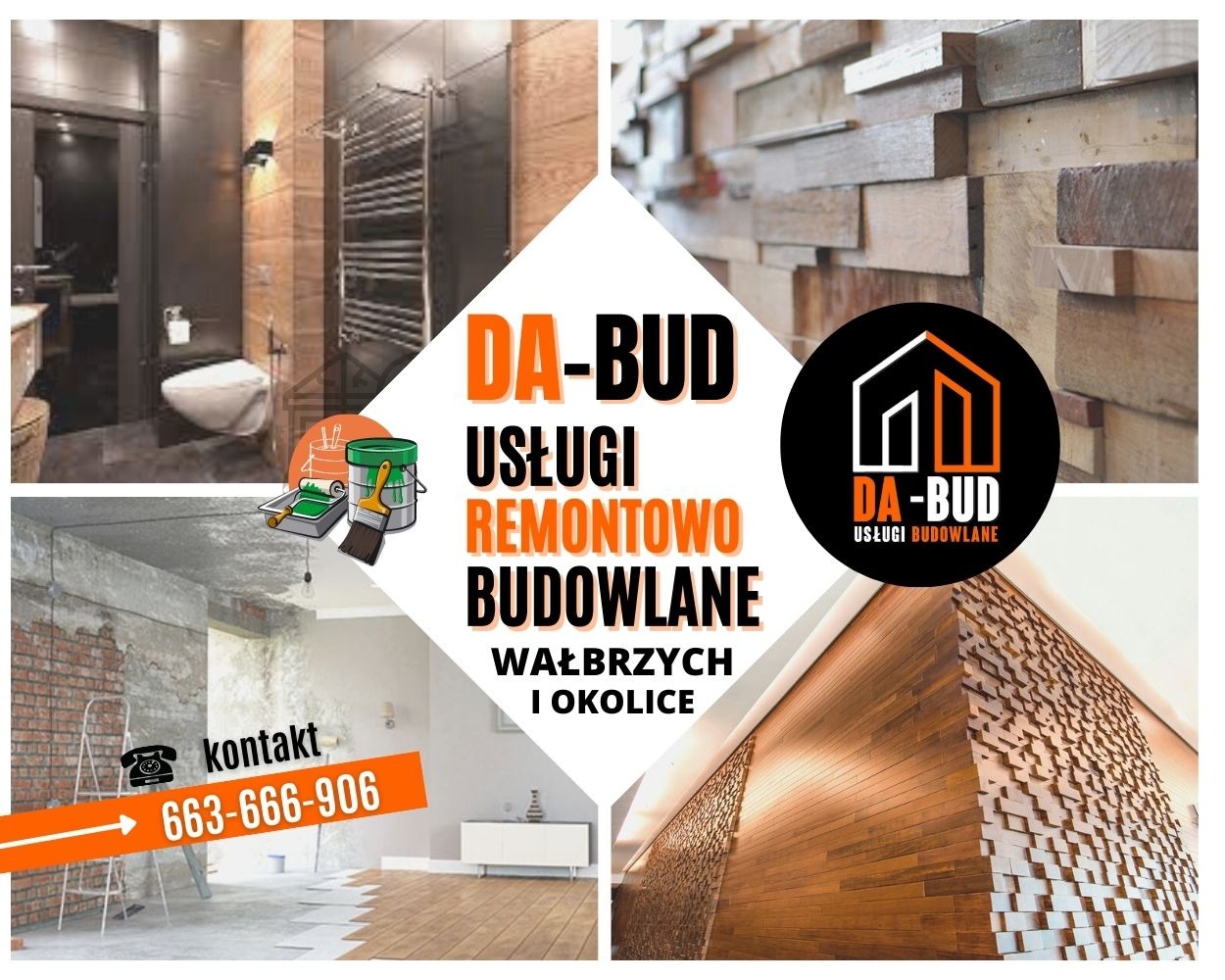 Kolaż zdjęć prezentujący usługi firmy DA-BUD: wykończona łazienka w ciemnych kolorach z grzejnikiem drabinkowym, ściana z drewnianych elementów 3D, pomieszczenie w trakcie remontu z odsłoniętą...