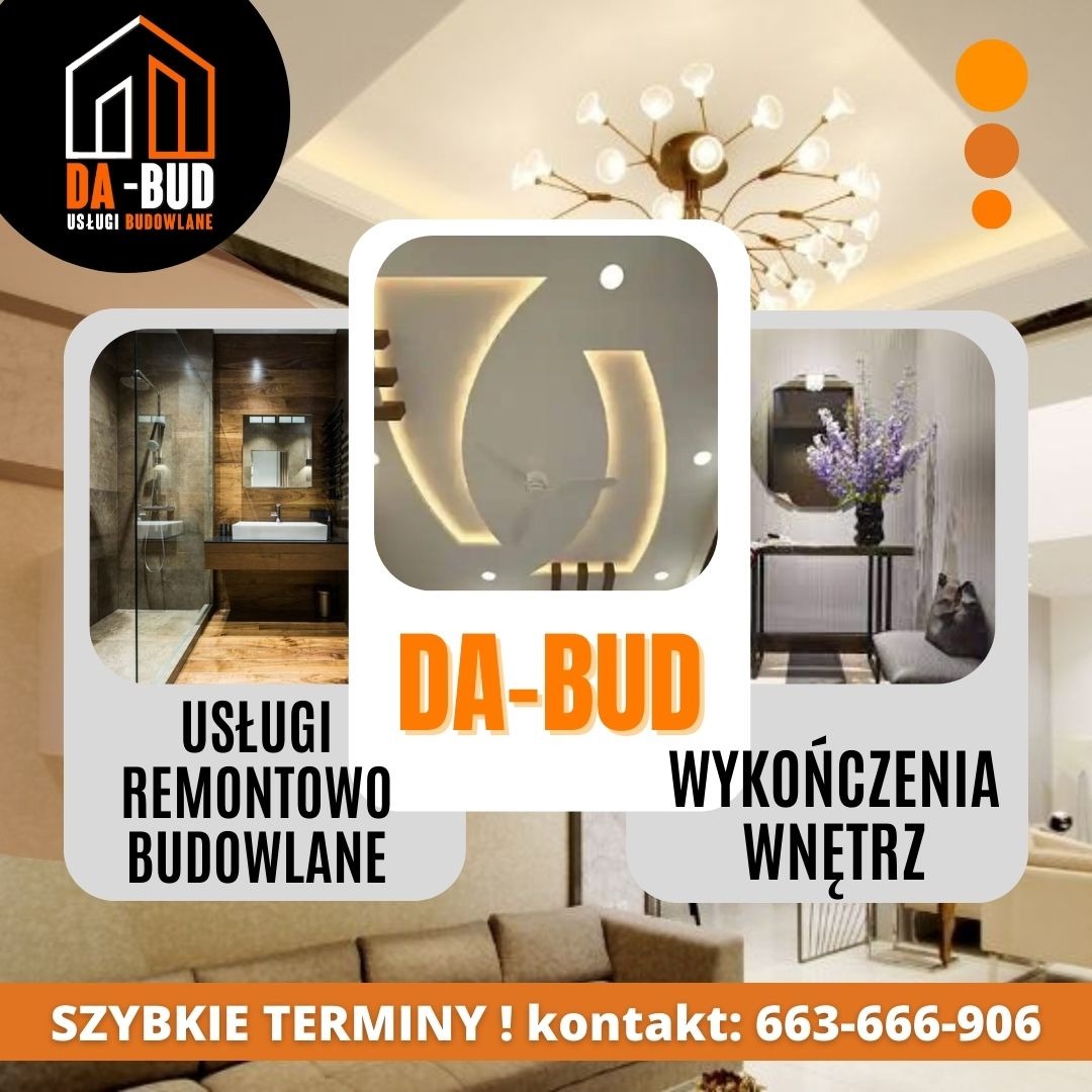 Kompilacja zdjęć łazienki, sufitu z oświetleniem LED i salonu z dekoracjami, prezentowana jako reklama firmy DA-BUD oferującej usługi remontowo-budowlane i wykończenia wnętrz.
