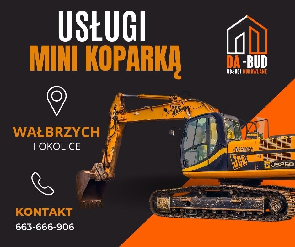 Żółto-czarna mini koparka JCB JS260 z logo firmy DA-BUD oferującej usługi budowlane w Wałbrzychu i okolicach, numer kontaktowy 663-666-906.