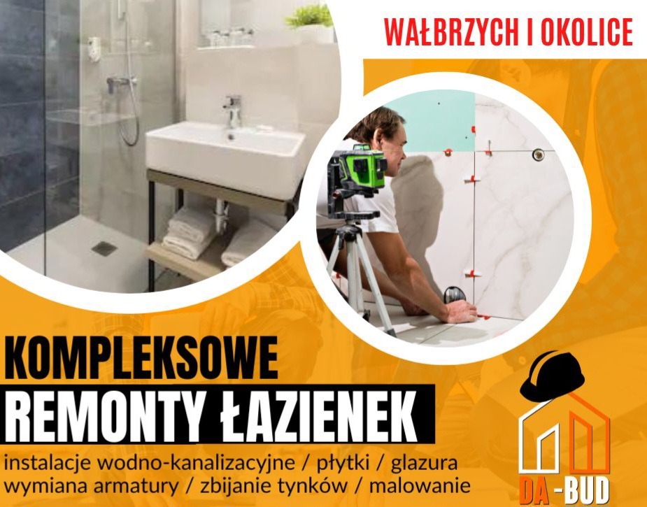 Mężczyzna w trakcie układania płytek w łazience, używa poziomicy laserowej na statywie. Widoczna umywalka z szafką i ręcznikami oraz kabina prysznicowa w tle. Reklama firmy remontowej z Wałbrzycha.