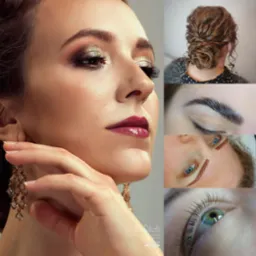 Portret kobiety z wieczorowym złotym cieniem na powiekach, błyszczącą wiśniową szminką, eleganckimi kolczykami i upięciem włosów z tyłu głowy, uzupełnony zbliżeniami na brwi i rzęsy.