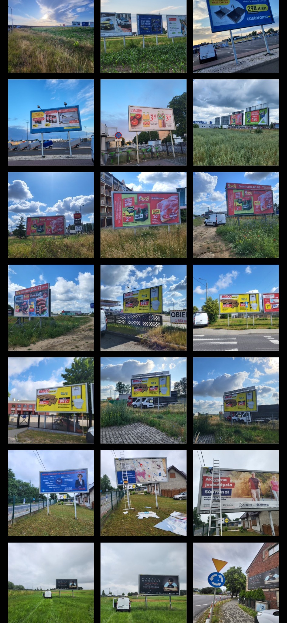 Różnorodność billboardów reklamowych w plenerze, prezentujących oferty sklepów, promocje i wydarzenia kulturalne, ustawione wzdłuż dróg i na terenach zielonych.