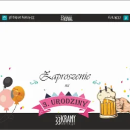 Grafika zapraszająca na 3. urodziny pubu 33 Krany, z motywem balonu i kuflem piwa ze świeczkami, utrzymana w pastelowej kolorystyce.