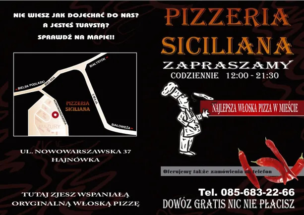 Reklama pizzerii Sicilia z mapą dojazdu, wizerunkiem kucharza i informacją o darmowym dowozie oraz papryczkami chili.
