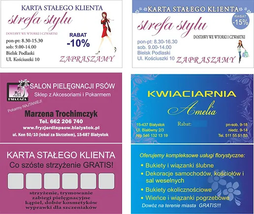 Zestaw sześciu wizytówek różnych firm: salonu pielęgnacji psów, kwiaciarni oraz sklepu z odzieżą.