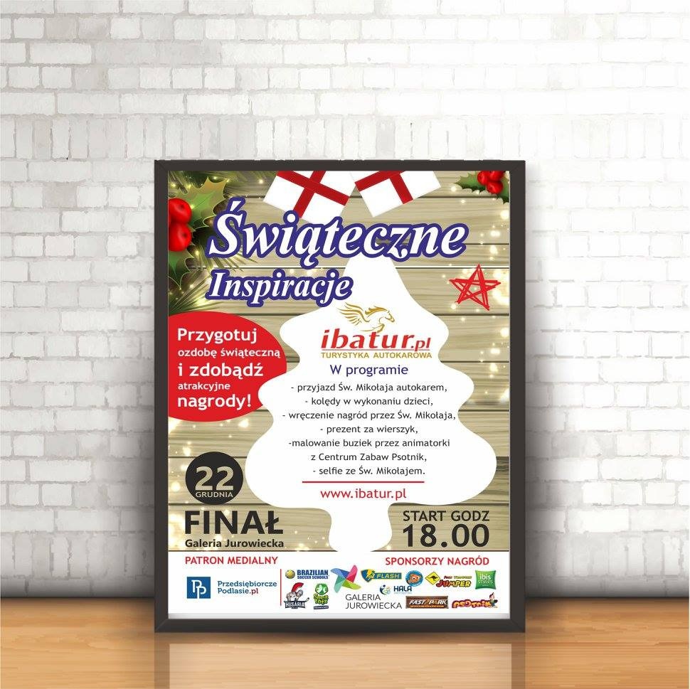 Plakat reklamowy wydarzenia 'Świąteczne Inspiracje' w Galerii Jurowieckiej, oferującego atrakcje związane ze Świętym Mikołajem, w tym przyjazd autokarem, kolędy, nagrody i malowanie buziek, z logo...