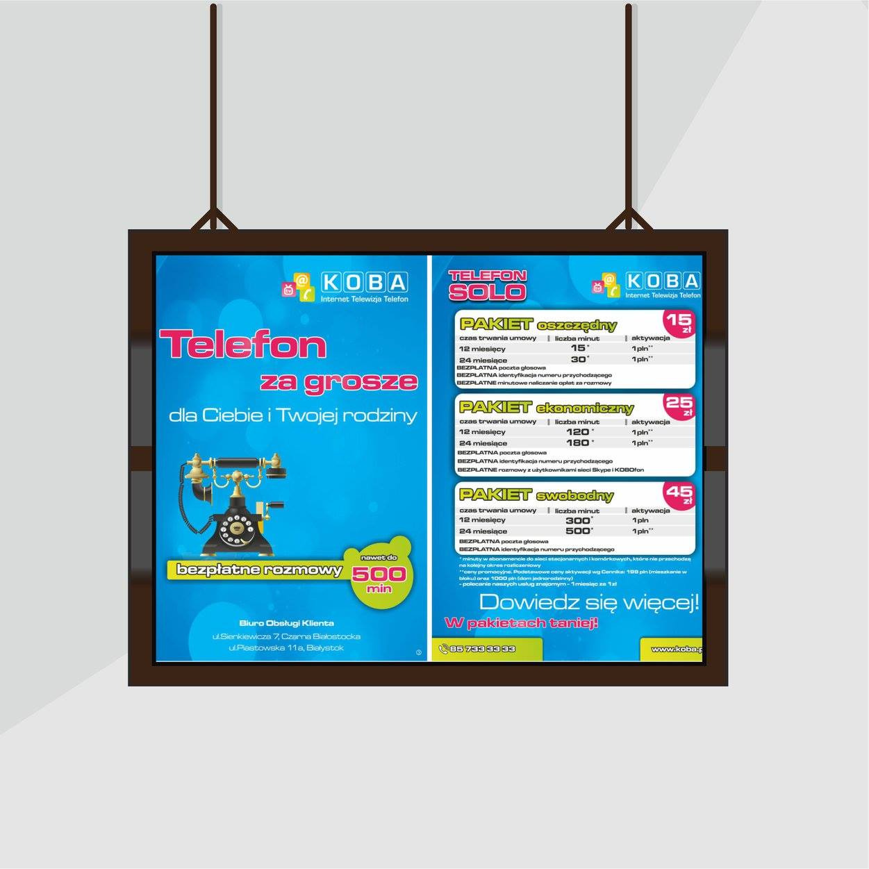 Reklama pakietów telefonicznych firmy Koba z informacją o darmowych rozmowach i cenach pakietów, na niebieskim tle z wizerunkiem starego telefonu na korbkę.