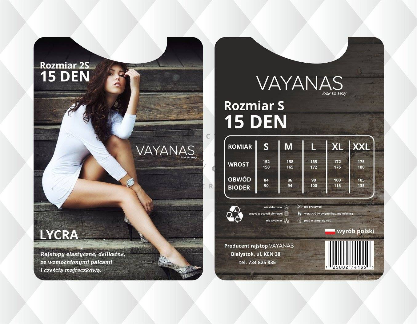 Opakowanie rajstop marki VAYANAS: z lewej strony zdjęcie modelki w białej sukience siedzącej na schodach, z prawej tabelka rozmiarów i informacje o produkcie.