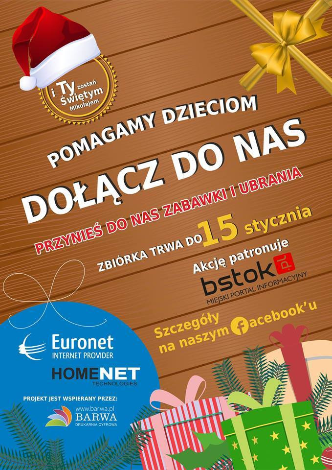 Plakat informujący o zbiórce zabawek i ubrań dla dzieci do 15 stycznia, z motywami świątecznymi i logotypami sponsorów.