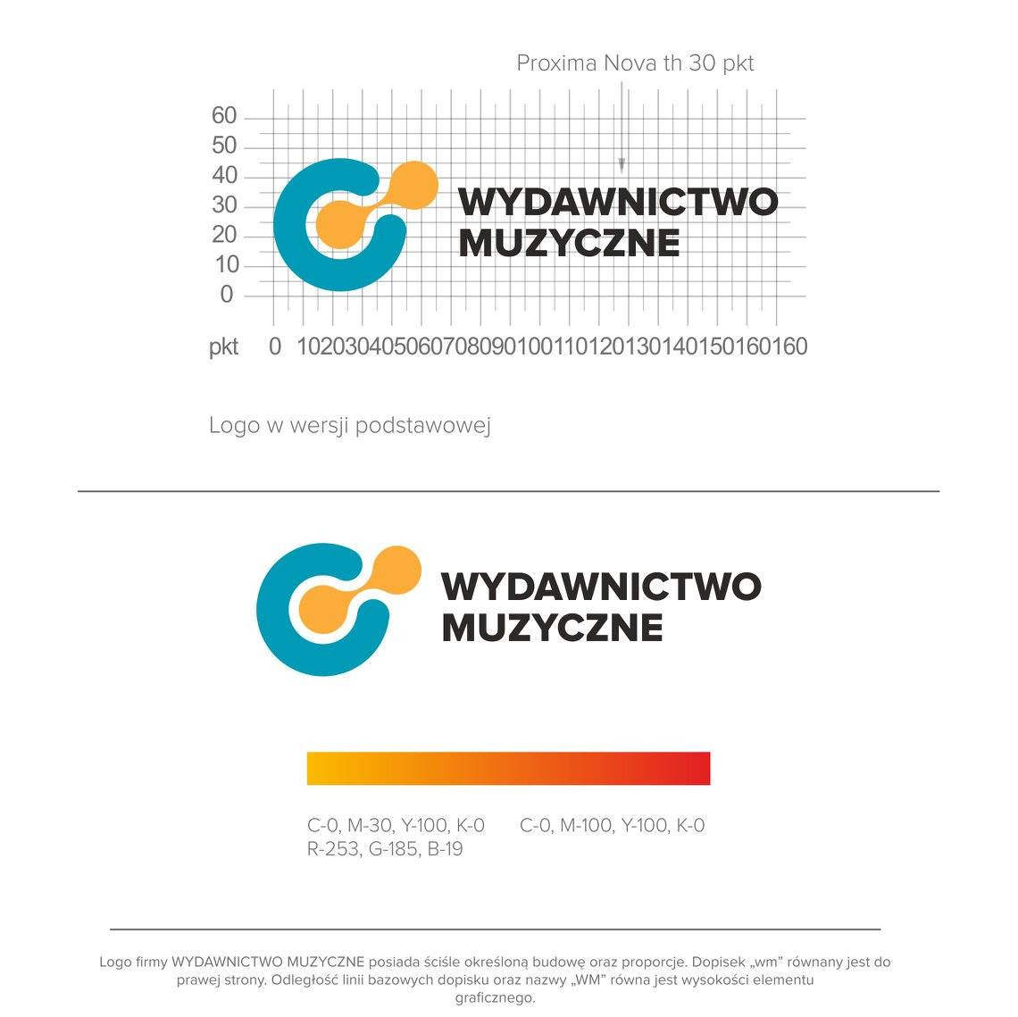 Specyfikacja logo Wydawnictwa Muzycznego: wersja podstawowa z siatką pomocniczą, proporcje, kolory. Logo składa się z abstrakcyjnego symbolu graficznego w kolorach turkusowym i pomarańczowym...