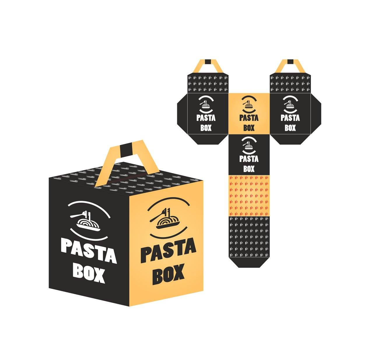 Grafika przedstawia rozłożony szablon pudełka na makaron oraz złożone pudełko z uchwytem, w kolorach czarnym i żółtym z logo 'Pasta Box'.