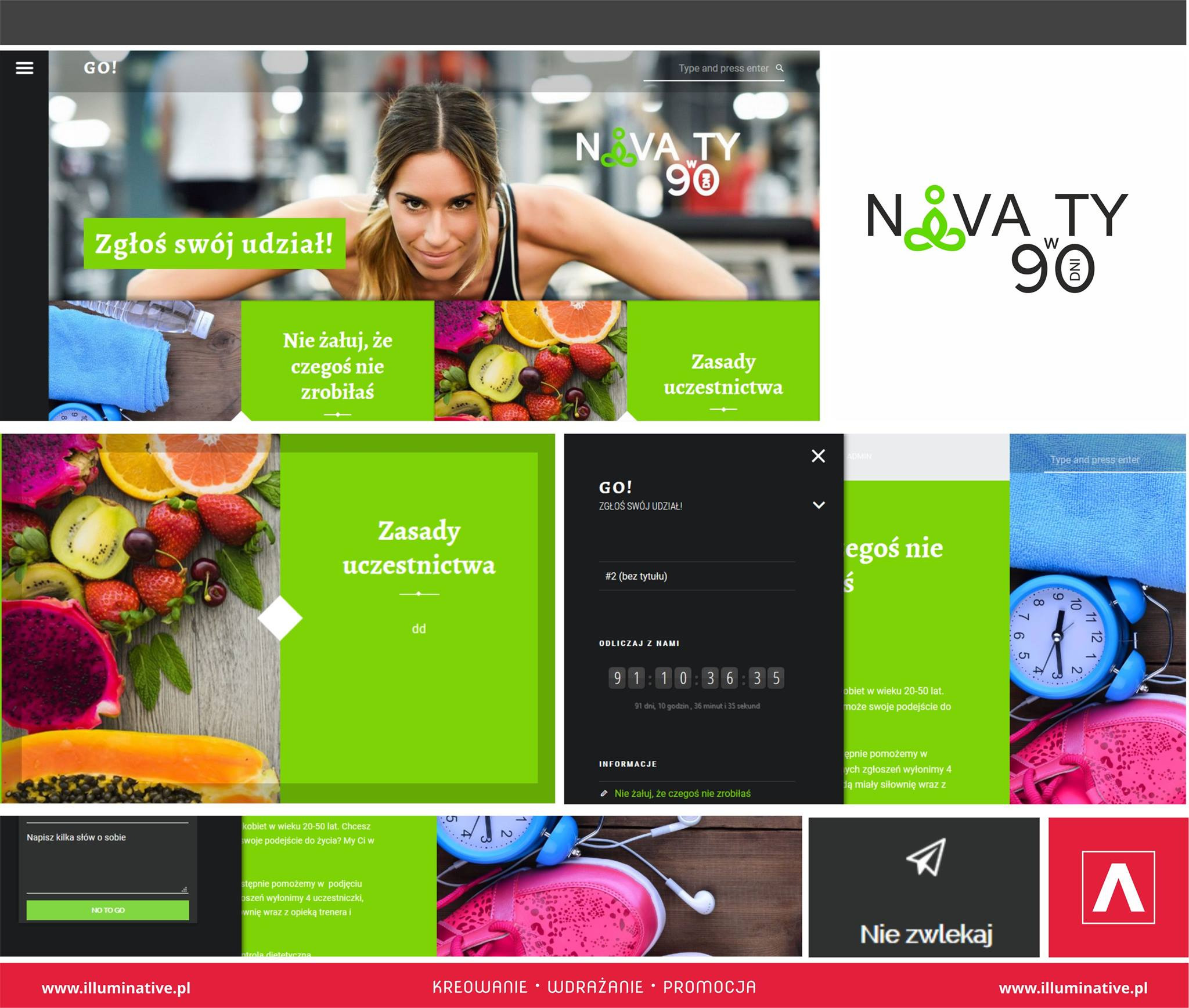 Fragment strony internetowej z elementami fitness i zdrowego stylu życia, w tym zdjęcia kobiety, owoców, butelki wody, ręcznika, butów sportowych i budzika, logo Nova Ty 90