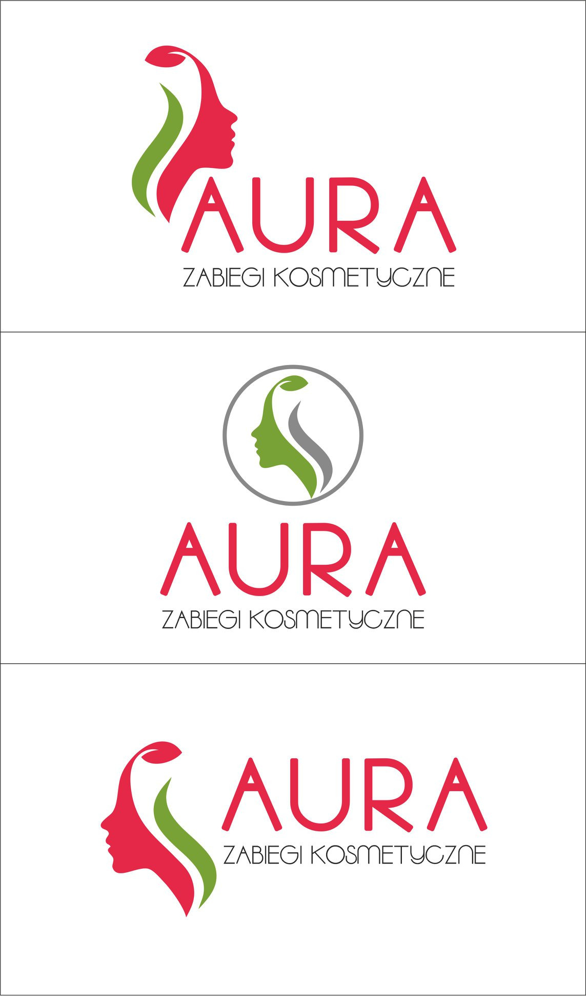 Trzy warianty logo firmy 'Aura' oferującej zabiegi kosmetyczne. Logo przedstawia profil kobiecej twarzy z elementem roślinnym, w kolorach czerwonym i zielonym, oraz nazwę firmy i dopisek...