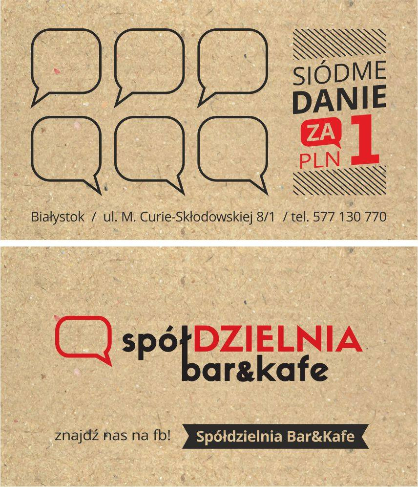 Ulotka reklamowa Spółdzielni Bar&Kafe w Białymstoku, z ofertą 'Siódme danie za 1 PLN' i zaproszeniem do śledzenia na Facebooku, na teksturowanym tle.