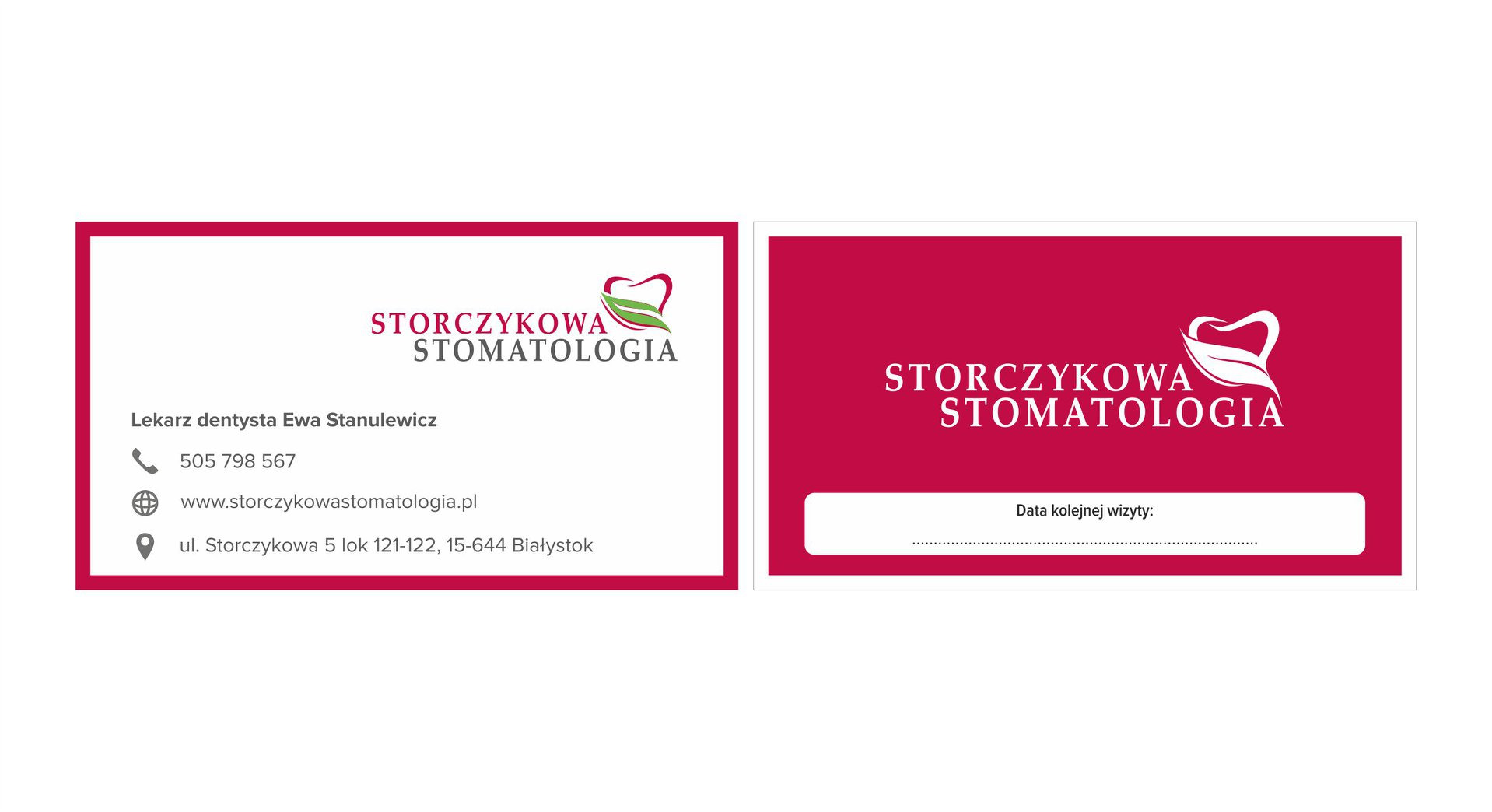 Wizytówka dwustronna gabinetu stomatologicznego Storczykowa Stomatologia, z logo przedstawiającym ząb z zielonymi liśćmi, dane kontaktowe lekarza dentysty Ewy Stanulewicz oraz miejsce na wpisanie...