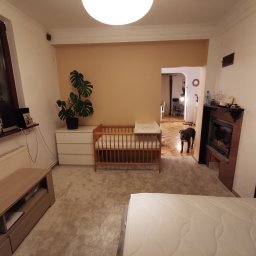 Jakość Zrobimy - Jasne wnętrze pokoju z beżowym dywanem, drewnianym łóżeczkiem dziecięcym obok białej komody, rośliną w doniczce, kominkiem i psem rasy pitbull w przejściu do innego pokoju