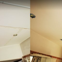 Jakość Zrobimy - Porównanie sufitu przed i po: po lewej widoczne pęknięcia i niedoskonałości, po prawej gładka, pomalowana powierzchnia z przygotowanymi otworami na oświetlenie.