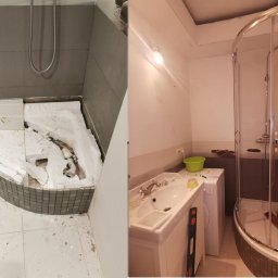 Jakość Zrobimy - Łazienka w trakcie demontażu starego brodzika i montażu nowej kabiny prysznicowej; widoczny zdemontowany brodzik z resztkami piany montażowej oraz nowa kabina prysznicowa z umywalką i pralką.