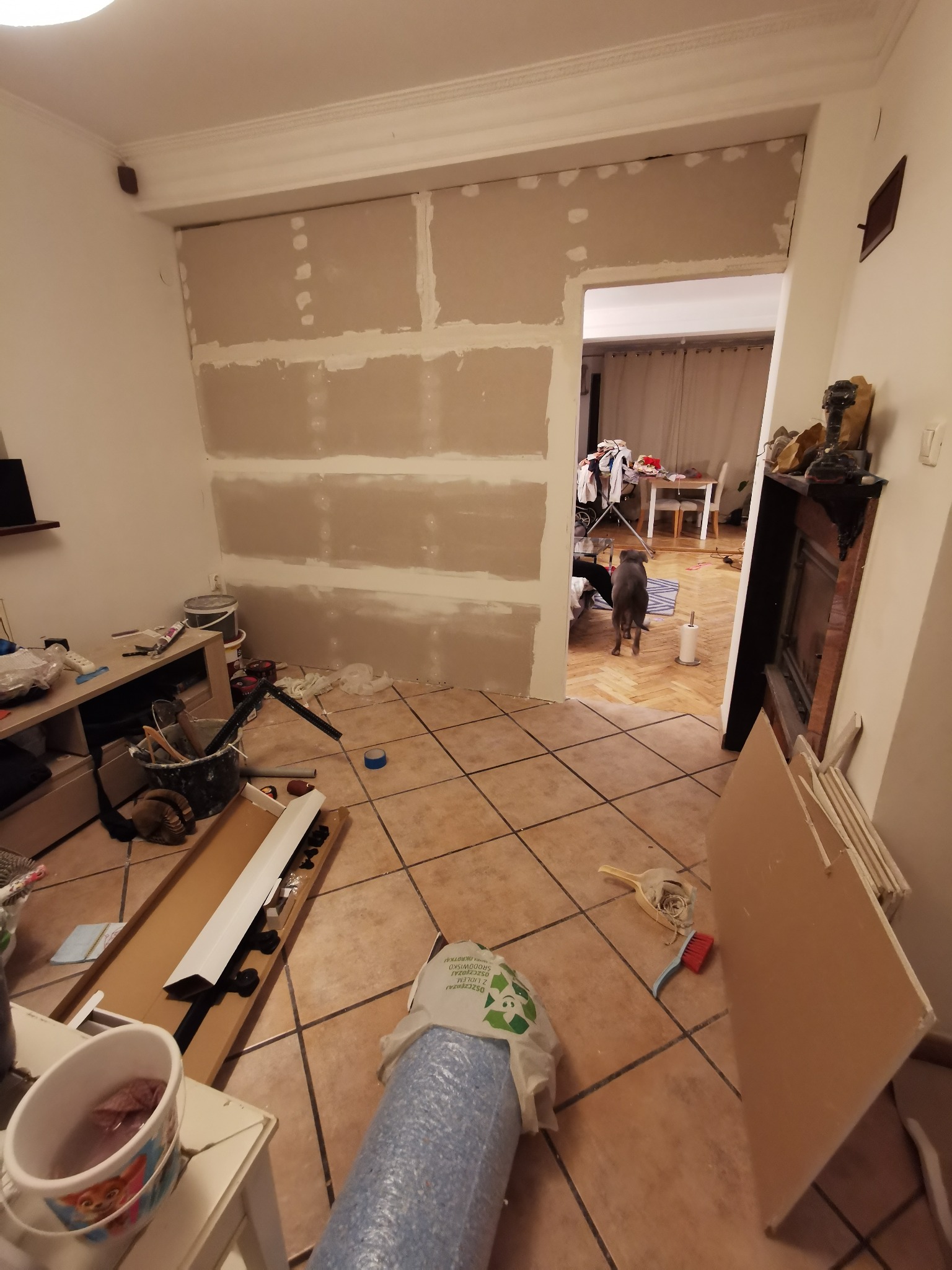 Pokój w trakcie prac: ściana z płyt kartonowo-gipsowych z widocznymi łączeniami, narzędzia i materiały budowlane porozrzucane na brązowej podłodze z płytek, w tle pies w przejściu do innego...