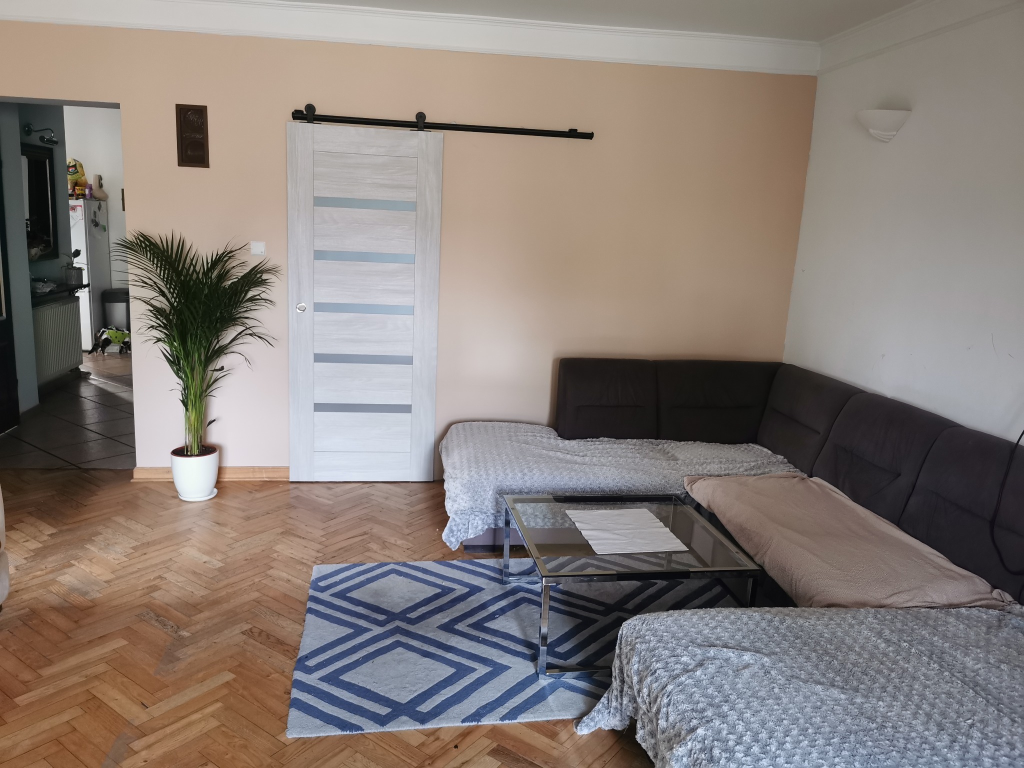 Jasne wnętrze pokoju dziennego z drewnianą podłogą w jodełkę, szarą sofą narożną, szklanym stolikiem kawowym i przesuwanymi drzwiami w stylu skandynawskim.