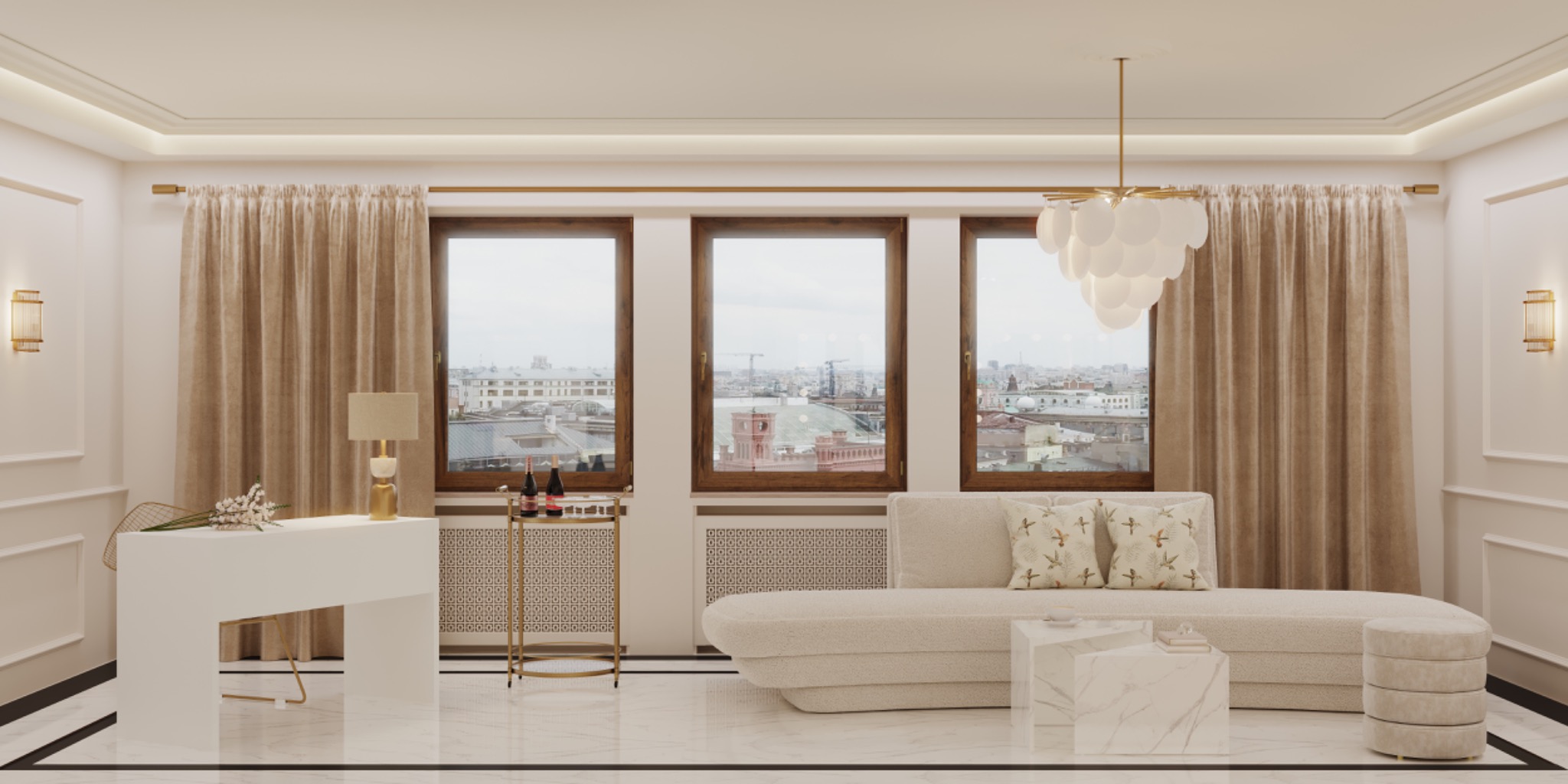Jasny salon z widokiem na miasto, wyposażony w sofę z poduszkami w ptaki, marmurowy stolik kawowy, białe biurko z kwiatami i złoty wózek barowy z butelkami.