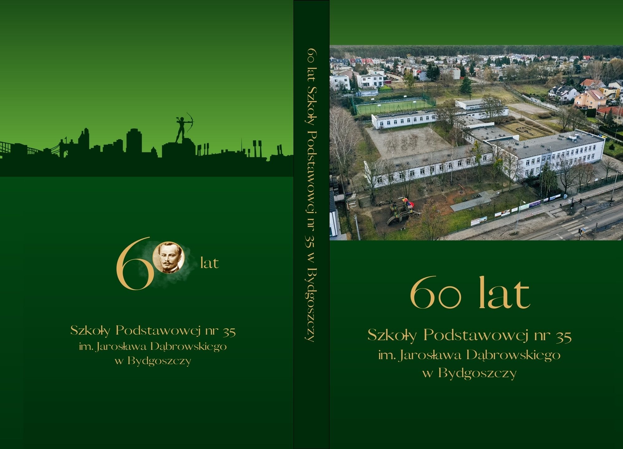 Okładka książki z okazji 60-lecia Szkoły Podstawowej nr 35 w Bydgoszczy, z widokiem na budynek szkoły i panoramą miasta.