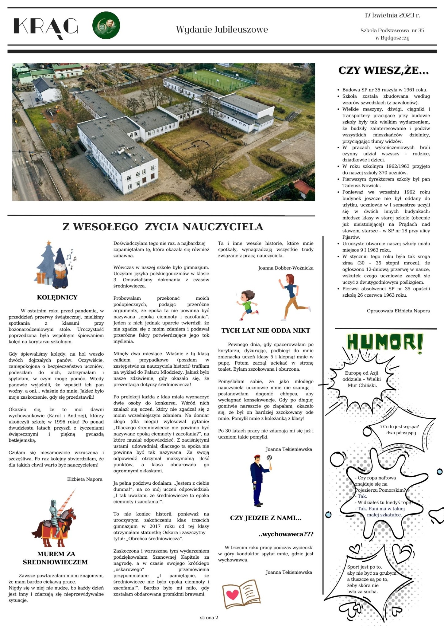 Zdjęcie lotnicze budynku Szkoły Podstawowej nr 35 w Bydgoszczy, ukazujące architekturę z pawilonami i otoczenie z zielenią oraz boiskiem sportowym.