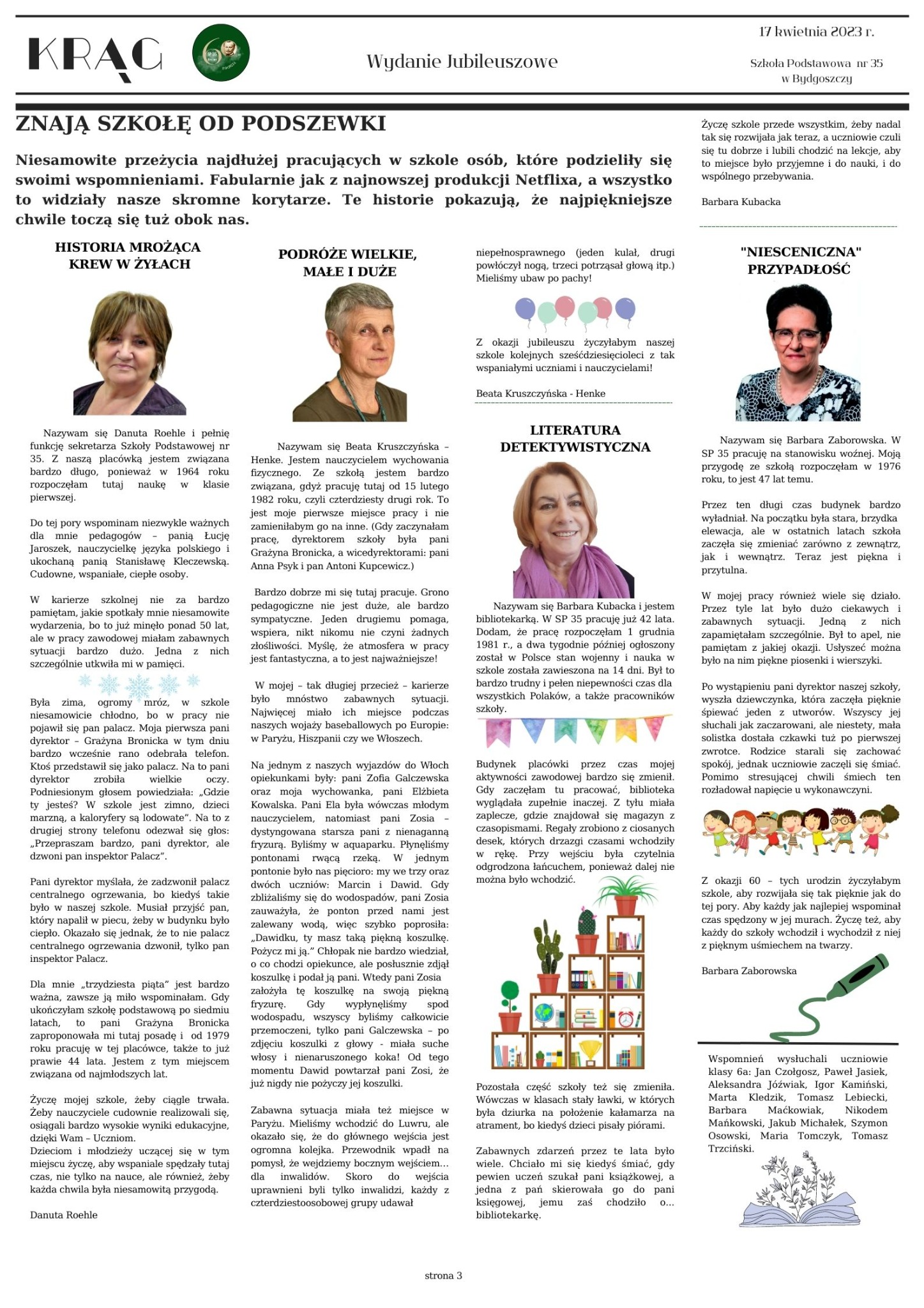 Strona z jubileuszowego wydania gazety szkolnej z artykułami i zdjęciami pracowników szkoły.