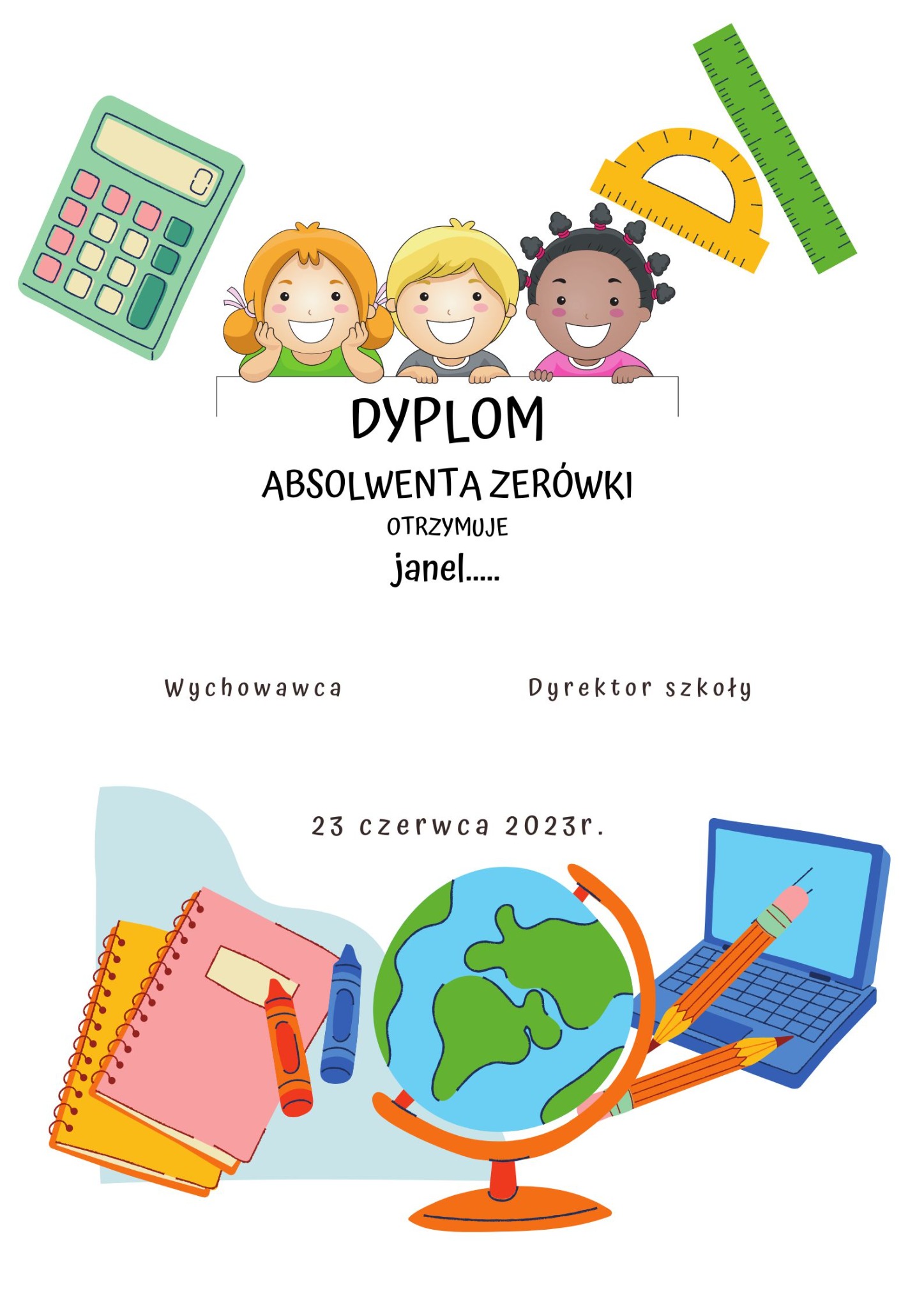 Ilustracja dyplomu ukończenia zerówki z wizerunkami dzieci, globusem, przyborami szkolnymi i komputerem.