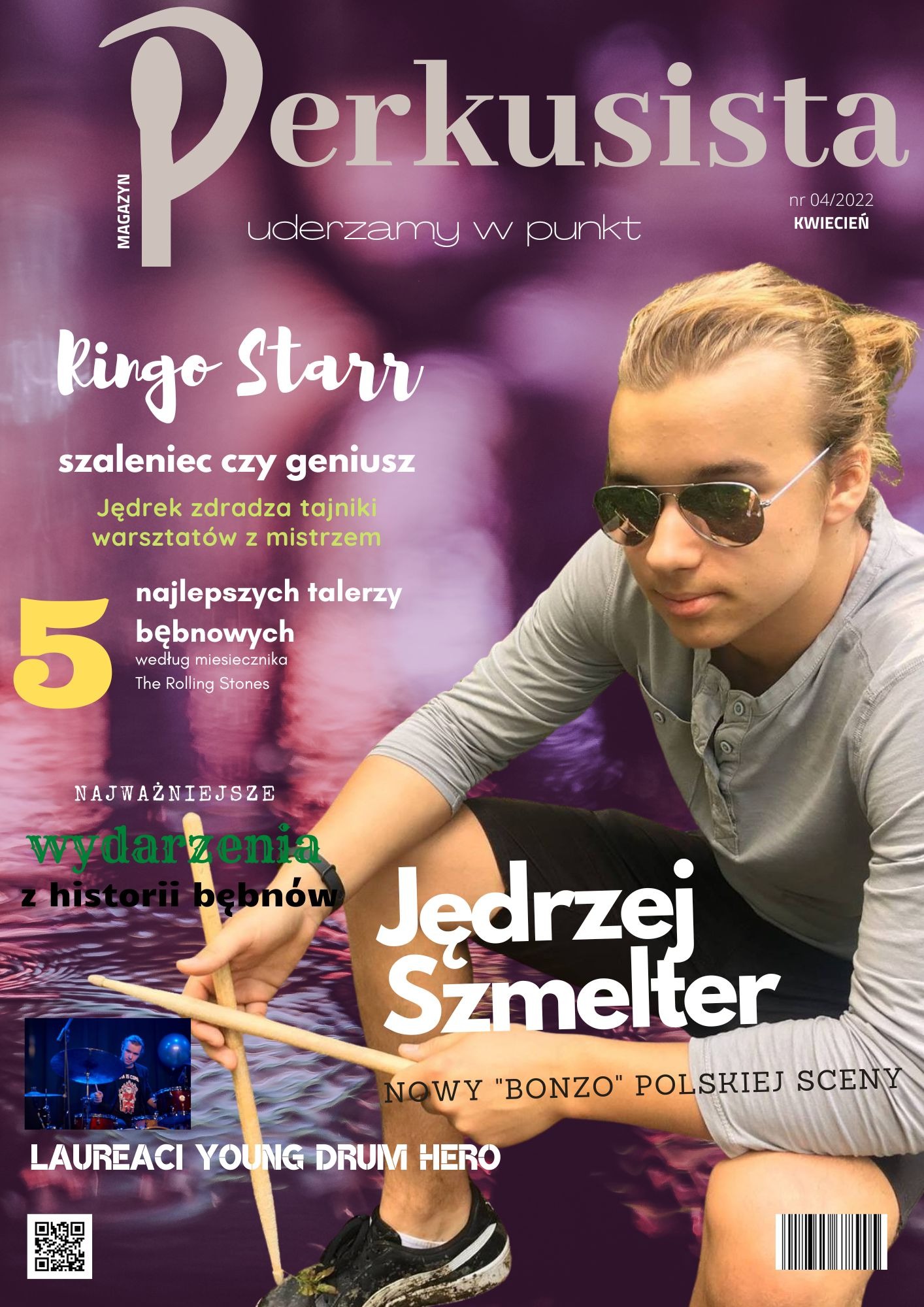 Okładka magazynu 'Perkusista' z portretem młodego perkusisty Jędrzeja Szmeltera, prezentującego pałeczki perkusyjne, z informacją o warsztatach z mistrzem i laureatach Young Drum Hero.